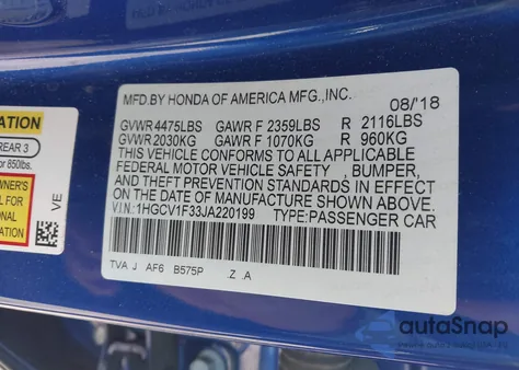 2018 Honda Accord Sport from USA, damaged, VIN 1HGCV1F33JA220199